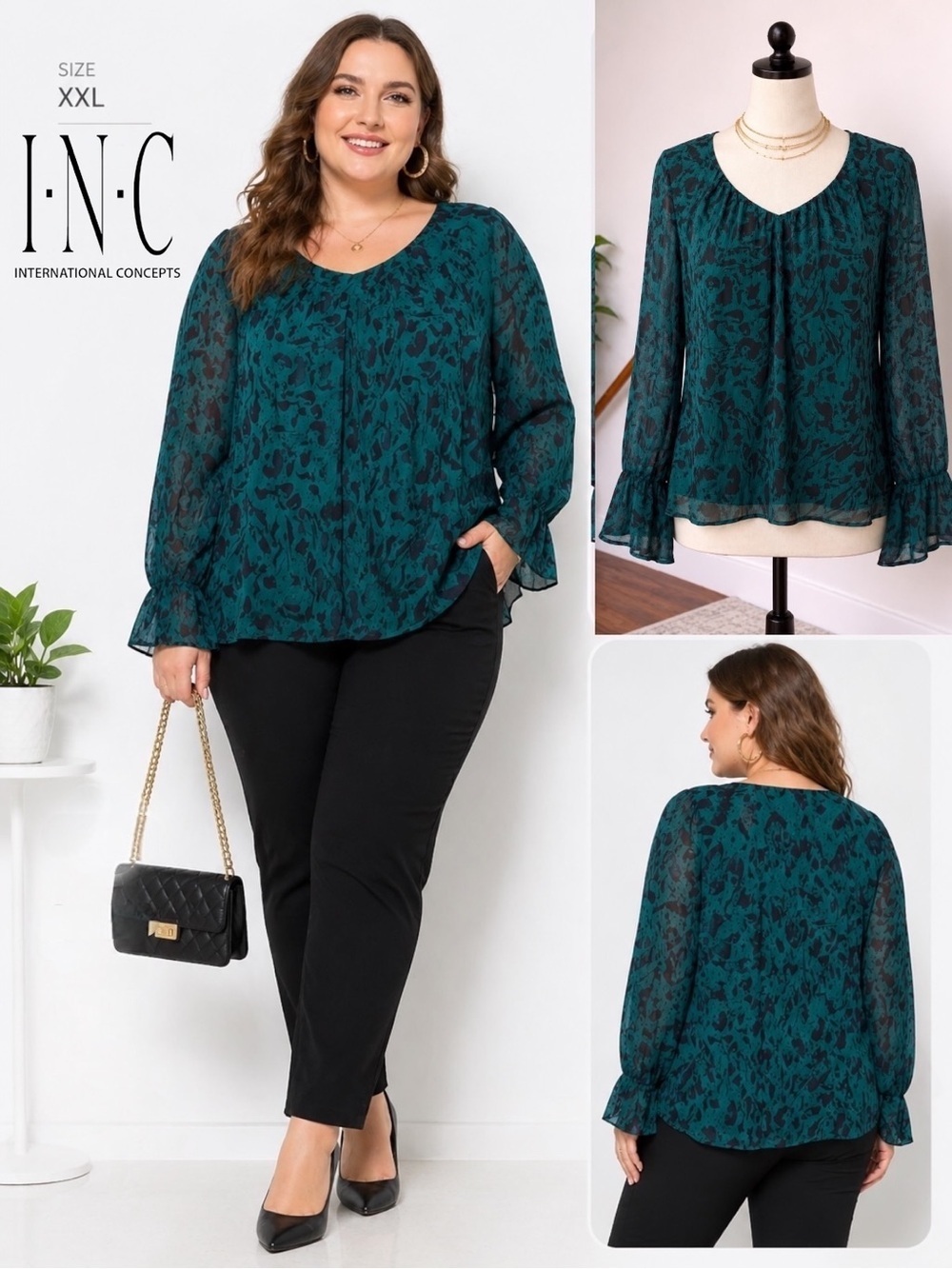 INC International Concepts | EUC Boho Teal Abstract V-Neck Sheer Blouse (XXL)